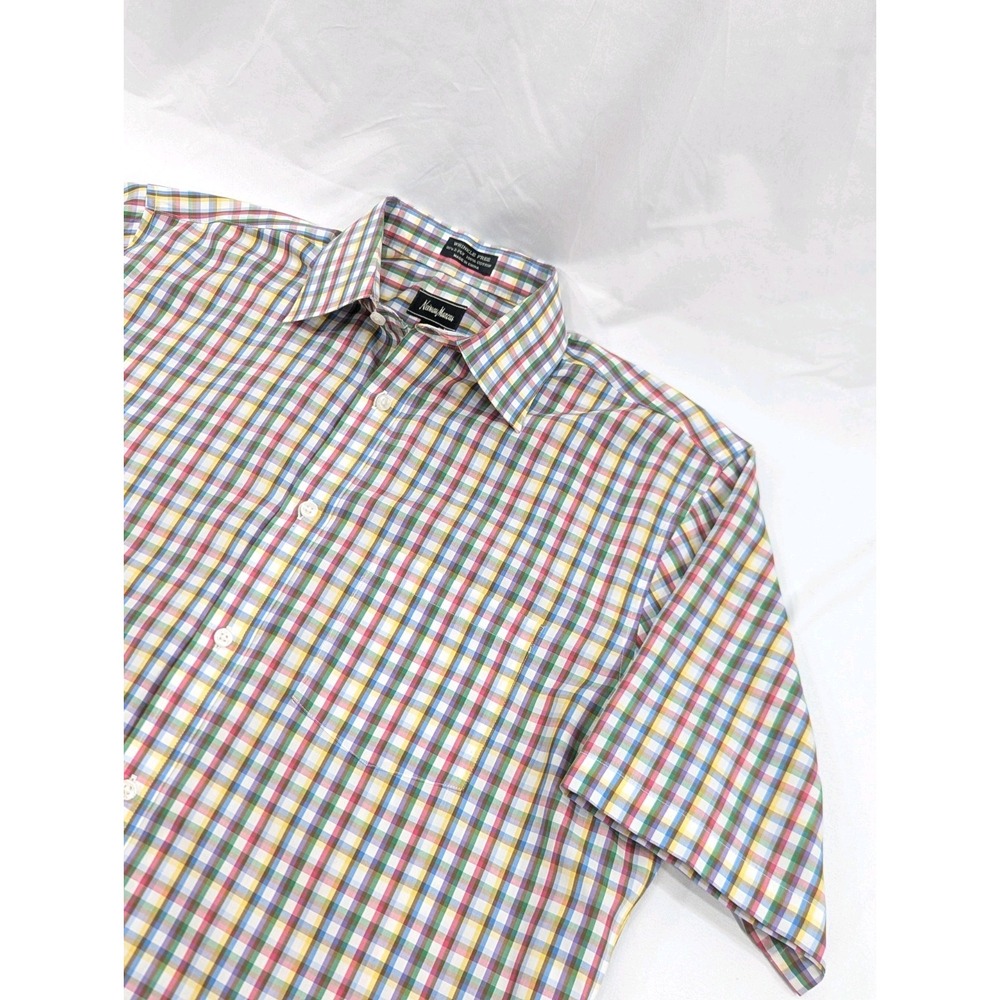 Neiman Marcus Short Sleeve Button Front Rainbow Graph Plaid Medium Tall Long